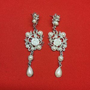 Silver White Rose Pearl Dangle Drop Earrings